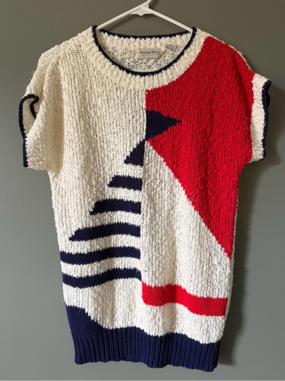Vtg Cap Sleeve Sweater Loose Knit Nautical Coastal Grandma 80s Sailboat Medium